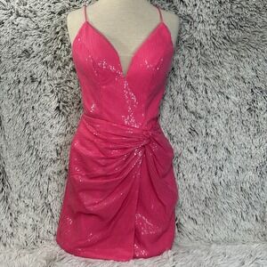 Hot Pink Y2Y V-Neck Mini Dress Glam Dollcore Princess Sequin Corset Back Size 0